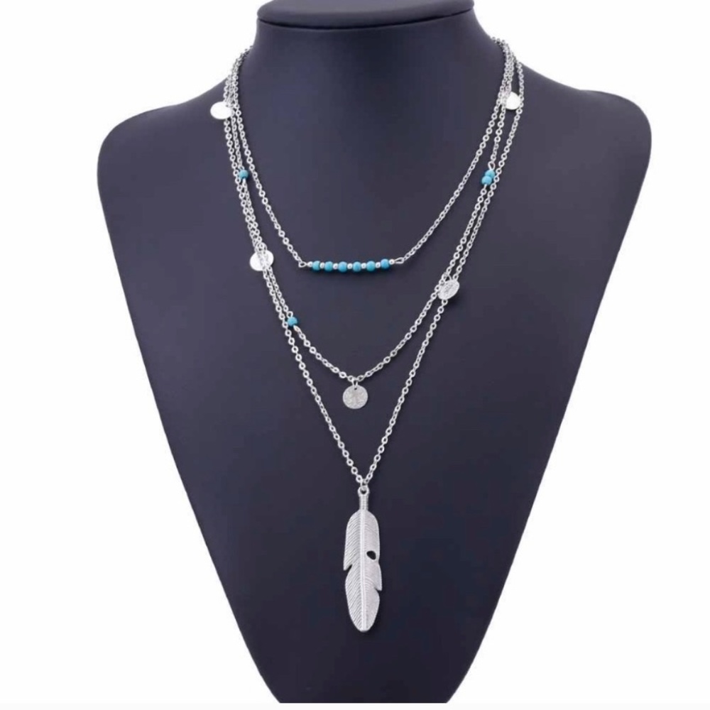 3 Layer Silver Feather Layer Necklace NEW